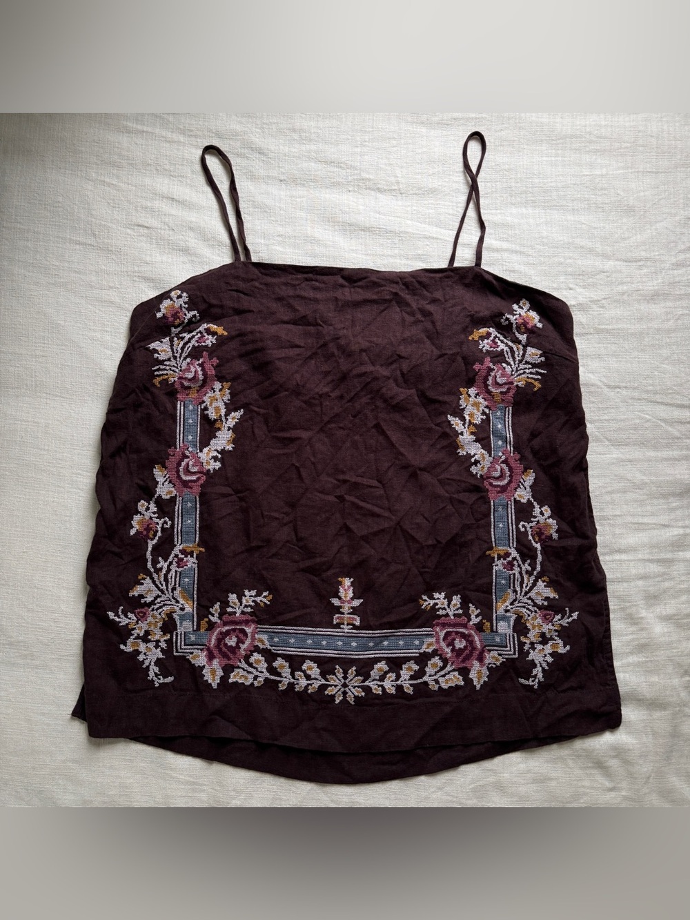 Free People Sightseer Embroidered Linen Top XL Espresso Brown Boho